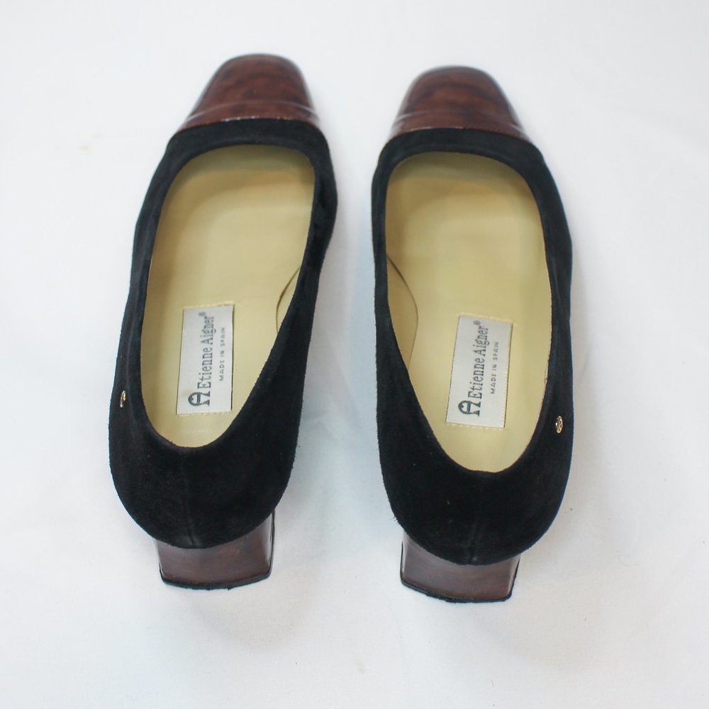 Vintage Etienne Aigner Black Suede Brown Tortoise Shell Block Heel 90s 8.5 Pumps - Picture 8 of 14